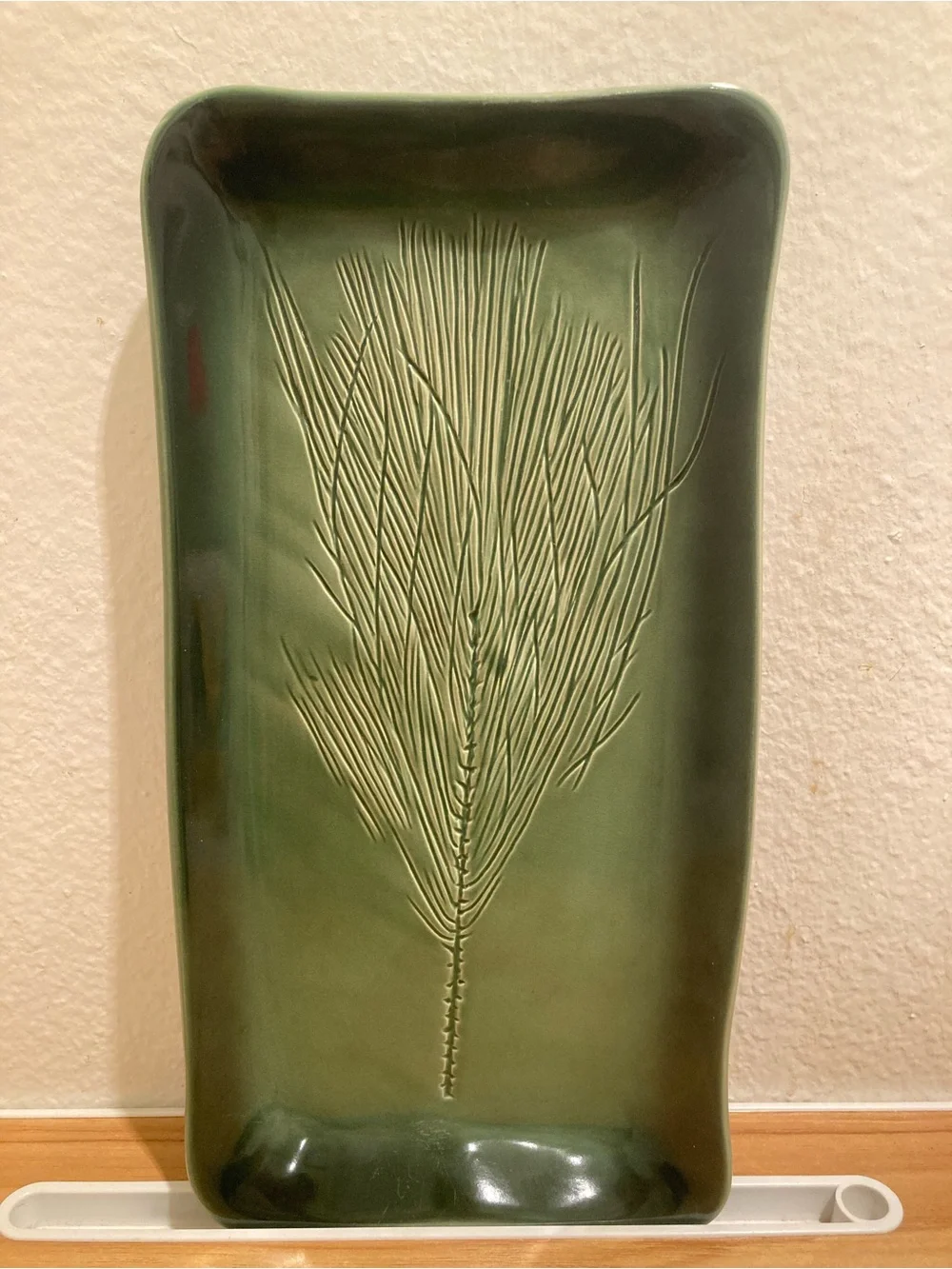 Kay Wayne Signed Studio Art Pottery Pine Needle Branch Green Rectangular Serving